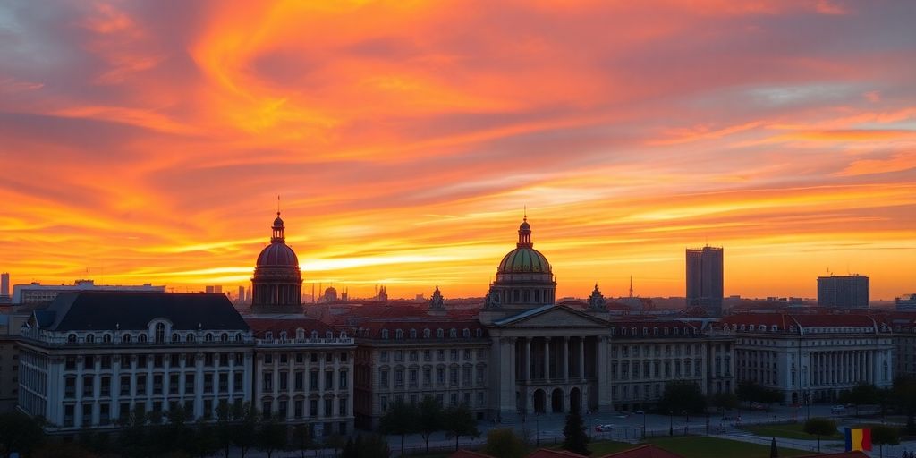 Orizontul Bucureștiului la apus cu steagul României.