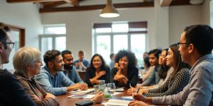 Oameni discutând politici sociale într-o întâlnire comunitară.