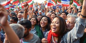 Rally politic cu participanți diversificați și bannere.