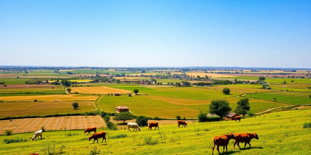 Peisaj rural cu câmpuri și ferme, soare strălucitor.