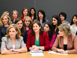 Femei diverse în discuții politice, promovând schimbarea.