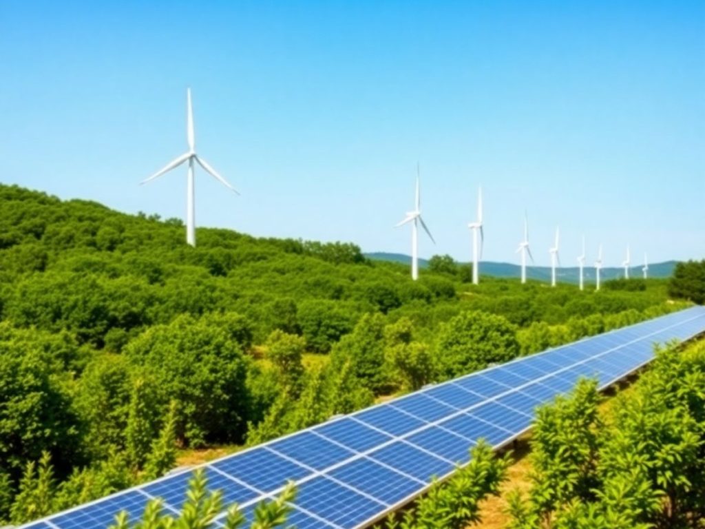 Peisaj verde cu turbine eoliene și panouri solare.