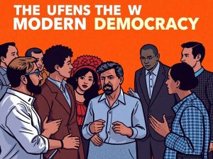 Oameni diverse discutând despre democrație în era modernă.