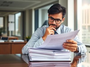 Antrepren analizând documente legislative la birou.