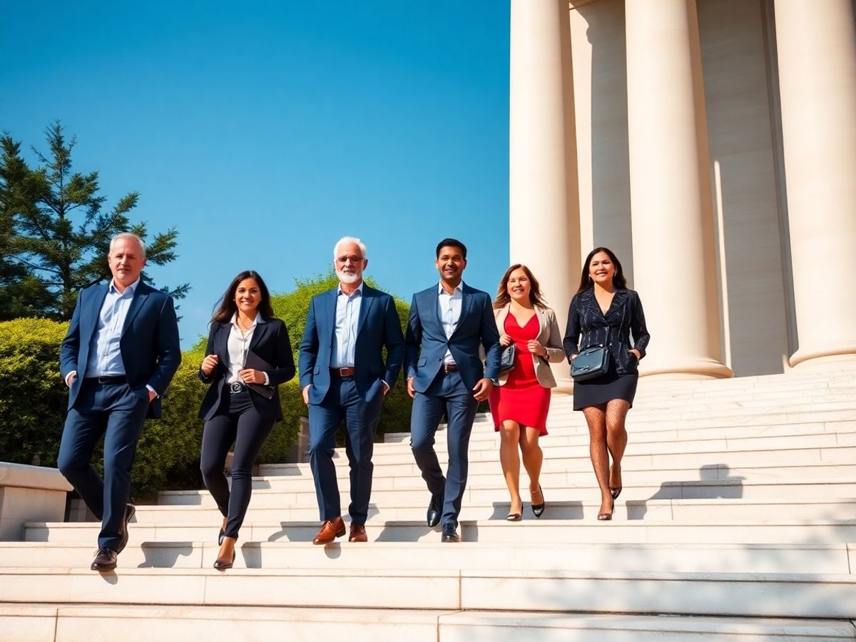 Grupuri diverse de persoane urcă scara de marmură la guvern.