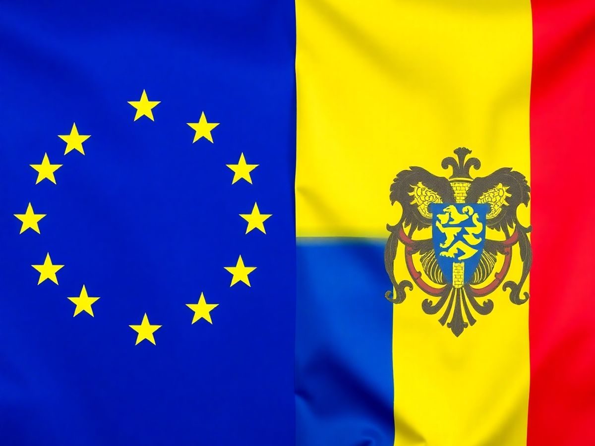 Drapelul UE și al României împreună.