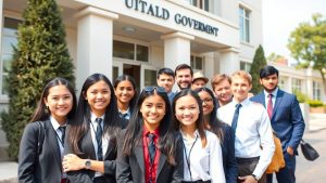 Tineri politiceni în fața unei clădiri guvernamentale, ziua.